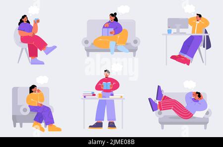 Thoughtful people illustration set. Pensive men and women in love thinking and smiling, enjoying pleasant thoughts at home and dreaming at work. Male and female cartoon characters having ideas Stock Vector