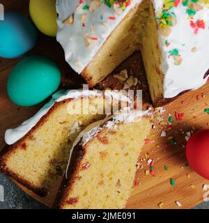 Easter cake and colorful Easter eggs Stock Photo
