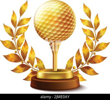 Shiny golden golf championship award with ball and laurel wreath Stock Vector