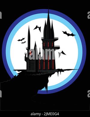 A vector of a vampire castle located on the edge of a cliff on the background of a full moon Stock Vector