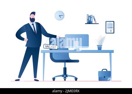 Handsome businessman boss and modern workplace. Office interior with furniture.Business chair with sign-vacant.Recruitment concept, isolated on white Stock Vector