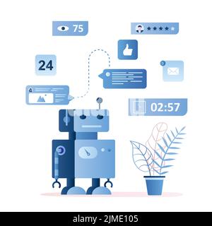 Chatbot robot concept background. Dialog help service.Speech bubble with user avatar and massage and funny bot with online support. Feedback and 24 ho Stock Vector