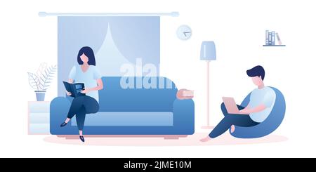 Wife sitting on the couch and husband sitting on the chair, living room interior with furniture. Male with laptop and female with book, cute character Stock Vector