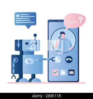 Chatbot robot concept background. Dialog help service. User avatar on smartphone screen and bot with speech message.Online support and feedback, trend Stock Vector