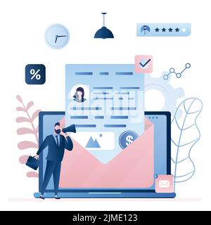Email marketing concept background. Laptop with inbox mail and businessman using megaphone for promotion. Business signs and icons, trendy style vecto Stock Vector