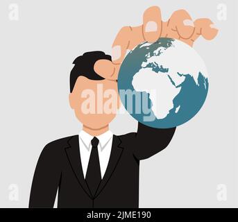 The concept of world domination. A businessman holds the planet Earth in his hands. The faceless man controls the population of Stock Photo