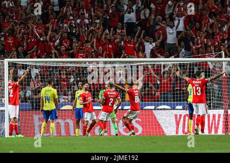 Lisbon, Portugal. 05th Aug, 2022. Rafa Silva (L4) of SL Benfica celebrates after scoring a goal during the Portuguese League football match between SL Benfica and FC Arouca at the Luz stadium in Lisbon.(Final score: SL Benfica 4 vs 0 FC Arouca) (Photo by David Martins/SOPA Images/Sipa USA) Credit: Sipa USA/Alamy Live News Stock Photo