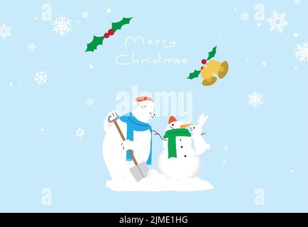 Christmas card. A bear and a rabbit making a snowman on a blue winter background. Stock Vector