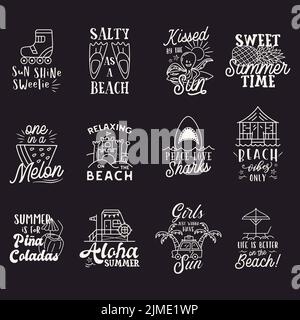 Various vector badges with outline images and quotes on summer theme Stock Vector