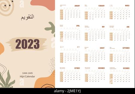 Hijri islamic and gregorian calendar 2023. From 1444 to 1445 vector template with abstract shapes. Week starting on sunday. Ready to print. Flat Stock Vector
