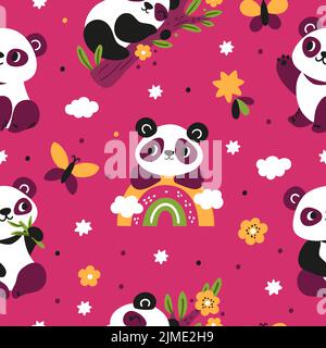 Cute panda seamless pattern. Funny little Chinese bears. Cartoon animal characters with rainbows and butterflies. Adorable mammals on eucalyptus Stock Vector