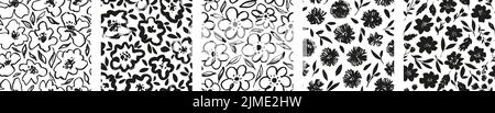 Set of black brush flowers seamless patterns Stock Vector