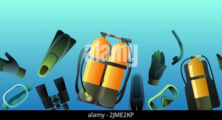 Diving kit with oxygen tank in mask and fins. Set of equipment for swimming and diving. Against background of sea water. Vector. Stock Vector