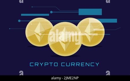 cryptocurrency inscription on the background of microcircuits and ethereum coins Stock Vector