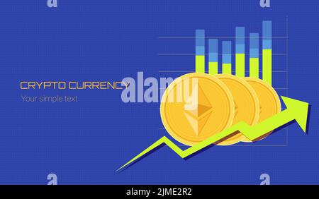 ethereum coins on the background of infographics with a big arrow up and the inscription cryptocurrency Stock Vector