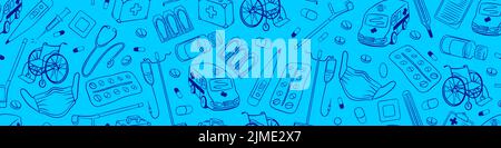 Seamless pattern with medical equipment. Hand drawn first aid doodles on blue background. Vector illustration. Stock Vector