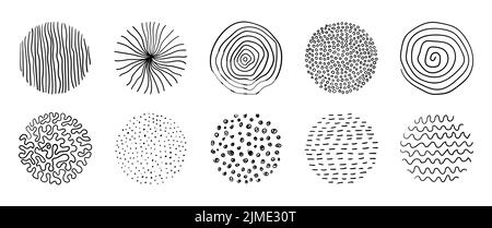 Circle doodle hand drawn textures. Vector abstract artistic scribbles. Minimal dotted and striped patterns Stock Vector