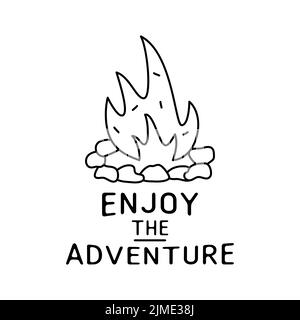 Minimalist linear illustration with burning bonfire and text on white background Stock Vector