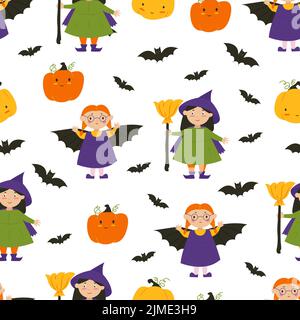 Halloween witches. Children in Halloween costumes, pumpkins and bats. Flat illustration. Vector seamless pattern Stock Vector
