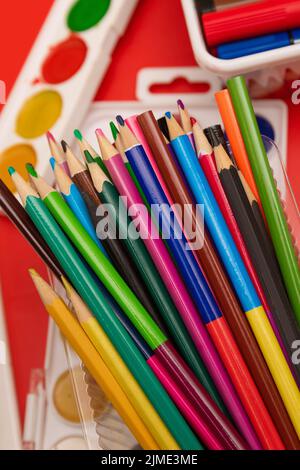 Lots of colored pencils and watercolors Stock Photo