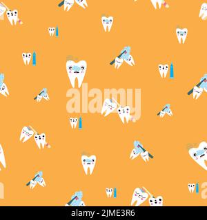 Kawaii tooth kids dental care vector educational seamless pattern background. Cute cartoon characters with toothbrush, tooth paste, brushing teeth Stock Vector