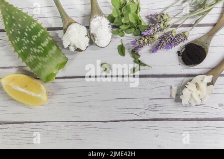Set of natural ingredients for homemade activated carbon cosmetics Stock Photo
