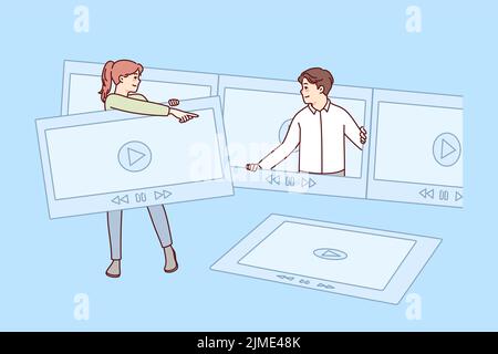 People editing video file together. Team of editors creating movie with huge shots. Teamwork and filmmaking. Vector illustration.  Stock Vector