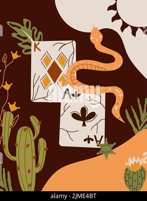 Wild west Texas poster with a playing cards, snake, cactus. Further Old West in flat style. Vector illustration. Stock Vector