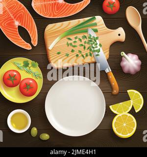 Cooking fish dish flat lay photo composition with chopped young onion on cutting board dark background vector illustration Stock Vector