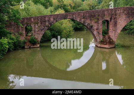 Medieval Puente de la Magdalena Bridge over Arga river in Pamplona, Navarra, Northern Spain, surrounded by trees on a cloudy day Stock Photo