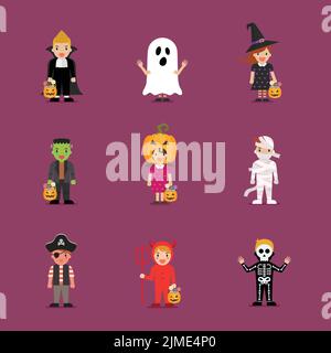 Children in scary halloween costumes. Halloween holiday party. Vector illustration Stock Vector