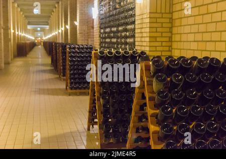 Bento Goncalves, Rio Grande do Sul, Brazil, April 07 - 2021: Production of sparkling wines (champagne) by the champenoise method Stock Photo