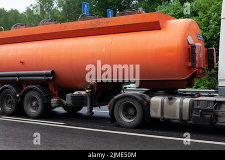 Fuel truck. Carrier of gas products. Transportation of gasoline. Stock Photo