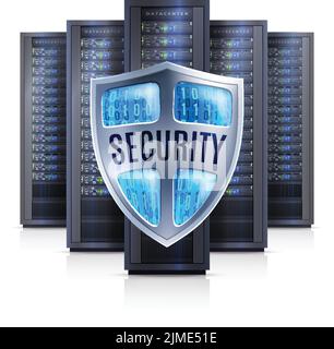 Computer server racks with security shield protection symbol black on white background realistic isolated vector illustration Stock Vector