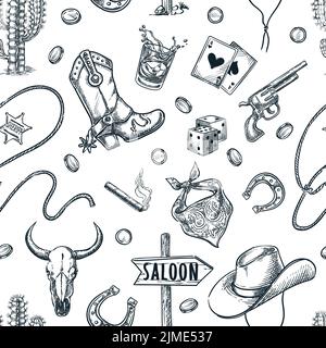 Wild West vintage seamless pattern. Vector hand drawn sketch illustration. Cowboy hat, spur boots, cow skull and gun on white background. Fabric desig Stock Vector