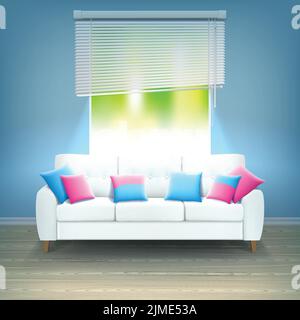 White leather luxury sofa with red and blue decorative cushions in bright neon light realistic vector illustration Stock Vector
