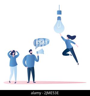 Business teamwork and new ideas search. Businessman with loudspeaker and businesswoman super hero with idea bulb. Male and female characters in trendy Stock Vector