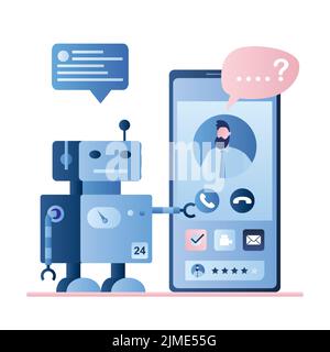 Chatbot robot concept background. Dialog help service. User avatar on smartphone screen and bot with speech message.Online support and feedback, trend Stock Vector