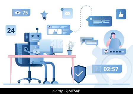 Chatbot robot on workplace. Dialog help service. User avatar and bot with speech messages. 24 Hours online support and feedback concept background, tr Stock Vector