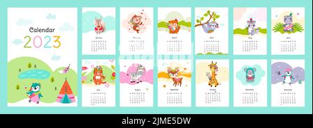 New year 2023 animal home calendar. Cute tribal penguin, zebra giraffe and koala. Cute wild animals on diverse months and seasons. Kids planner Stock Vector