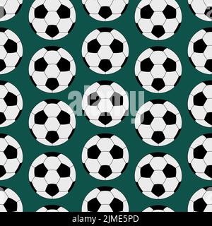 Soccer ball. Seamless vector pattern. Isolated green background. Cartoon style. Repeating sports ornament. Balls background. Sports equipment Stock Vector