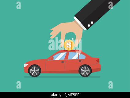 Businessman collect the money in car piggy bank. Financial planning concept. Stock Vector