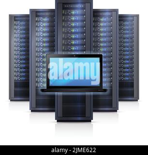 Computer hardware system elements with black server racks framework and laptop on white background realistic vector illustration Stock Vector