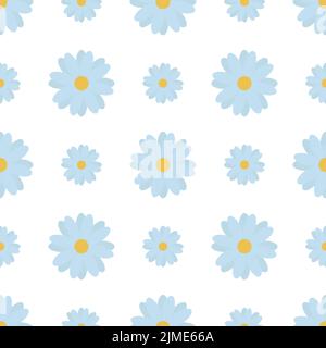 Camomiles. Delicate blue flowers. Repeating vector pattern. Isolated colorless background. Seamless summer ornament. Delicate floral background. Stock Vector