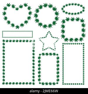 Cannabis leaves. Set of vector frames. Green plant. Different shapes rectangle, circle, heart, star. Isolated background. Flat style. Stock Vector