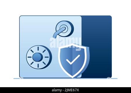 Strongbox with security shield. Steel safe deposit isolated on white background. Trendy style vector illustration Stock Vector
