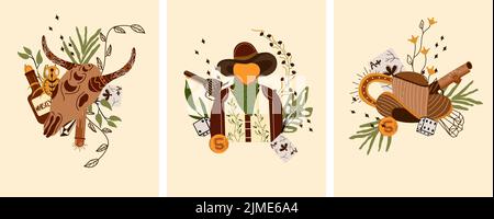 Set Wild west poster with a sheriff character in hat, an animal skull a bottle whiskey, cowboy hat, gun and other. Further Old West in flat style. Vector illustration Stock Vector