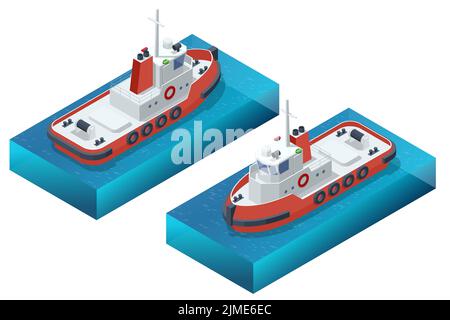 Isometric tugboat. A tugboat or tug is a marine vessel that manoeuvres other vessels by pushing or pulling them, with direct contact or a tow line. Stock Vector
