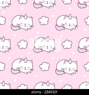 Cat unicorn seamless pattern. Unicorns kitty pastel characters, textile print with cute caticorns. Funny cartoon animals, magic graphic nowaday vector Stock Vector