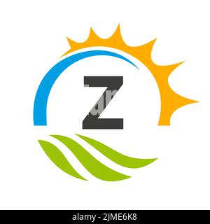 Letter Z Agriculture Logo Vector Template. Agriculture Logo Concept with Green Field and Bright Sun Element Stock Vector